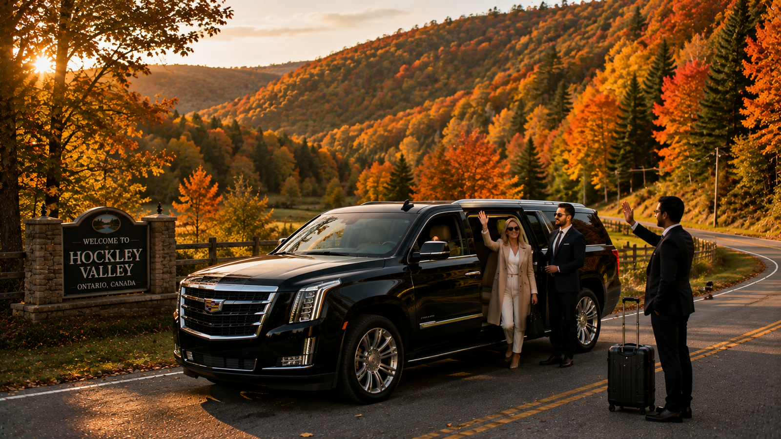 Navy blue luxury SUV limo driving along a winding road in Hockley Valley during autumn.