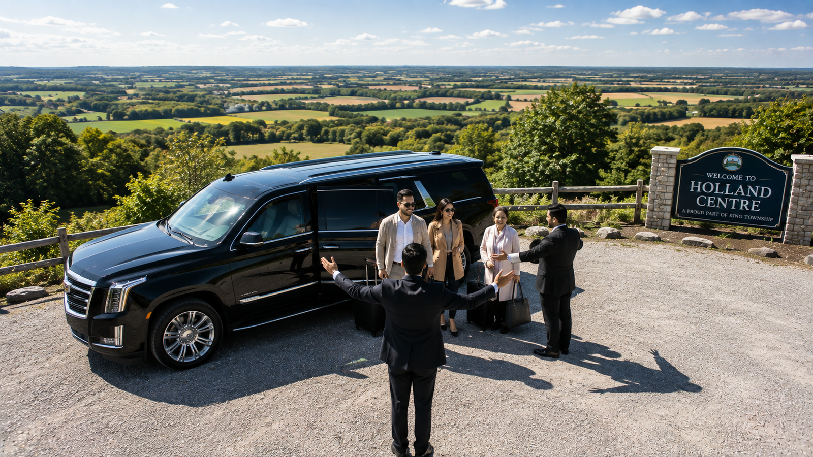 Black executive SUV limo parked on a rural scenic viewpoint in Holland Centre.