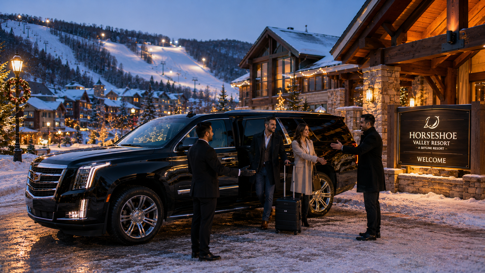 Black luxury SUV limo parked near the Horseshoe Valley resort entrance in winter.