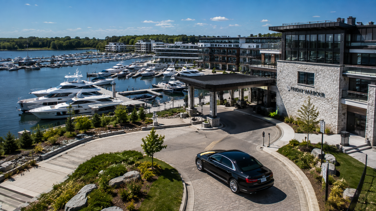 Black luxury sedan limo parked near Friday Harbour resort marina in Innisfil.