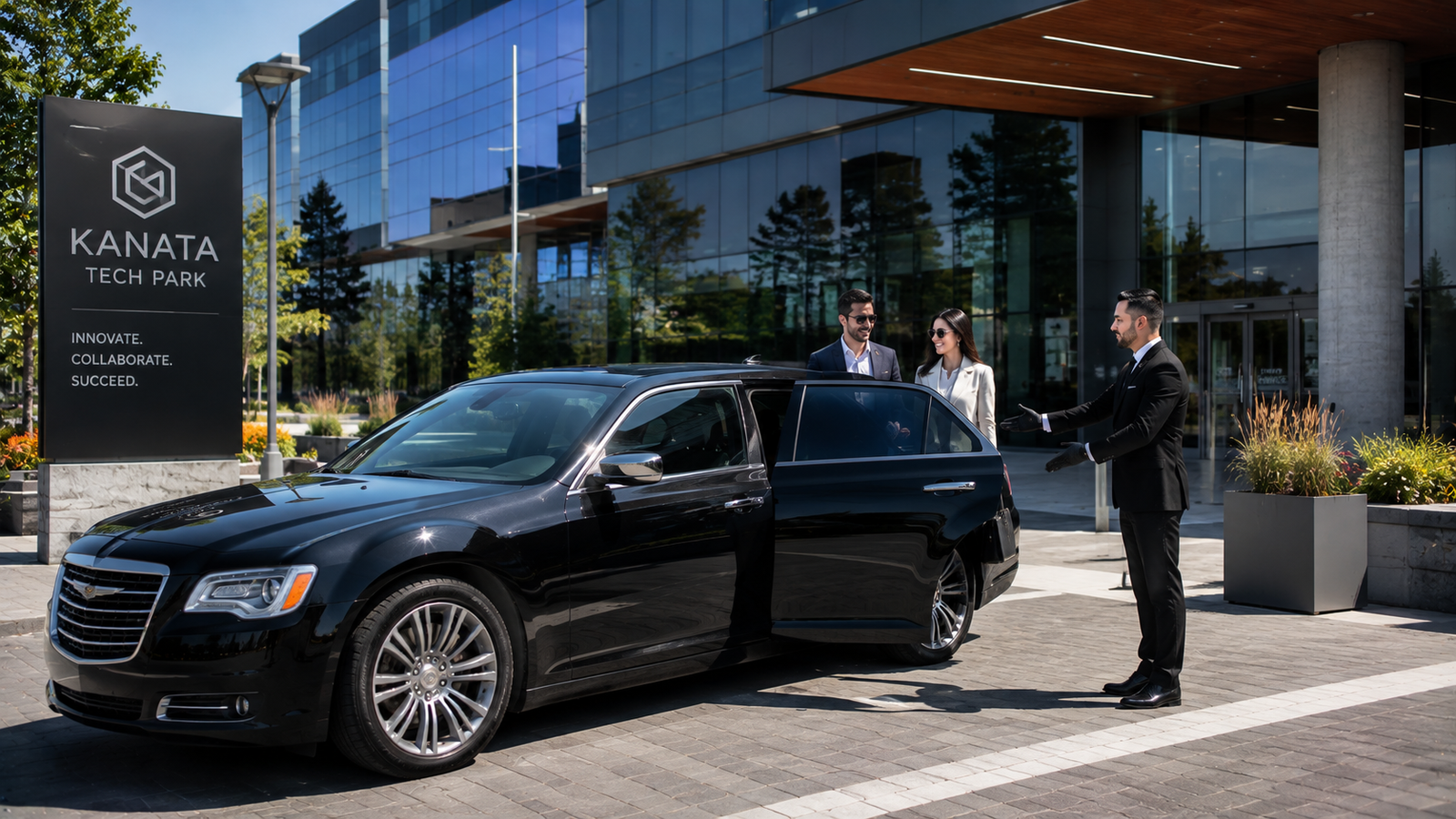 Glossy black executive sedan limo parked outside a glass tech park building in Kanata.