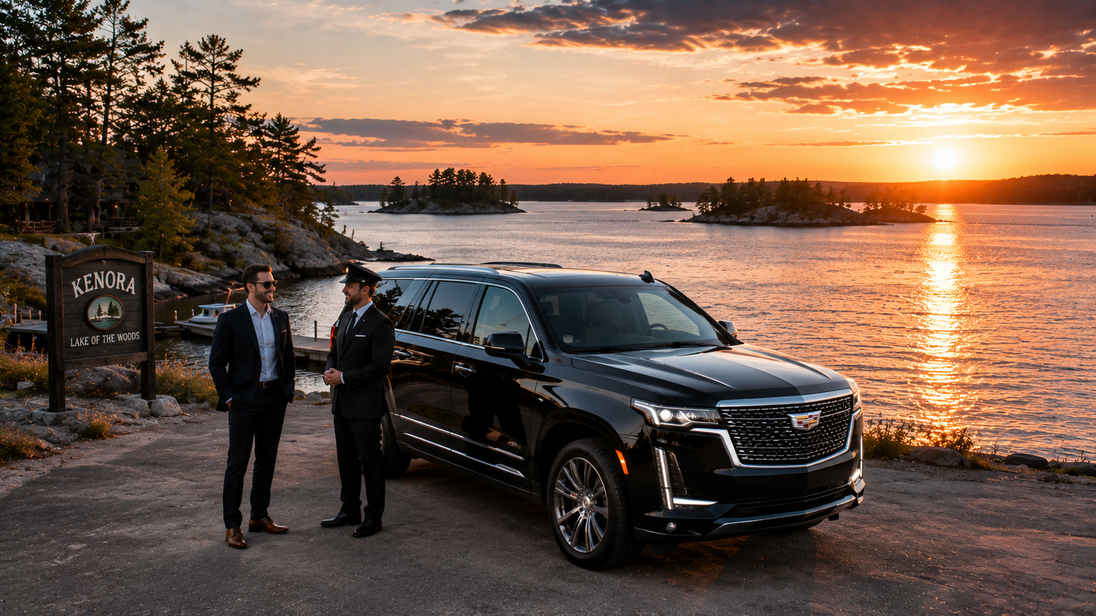 Dark navy luxury SUV limo parked near Lake of the Woods shoreline in Kenora.