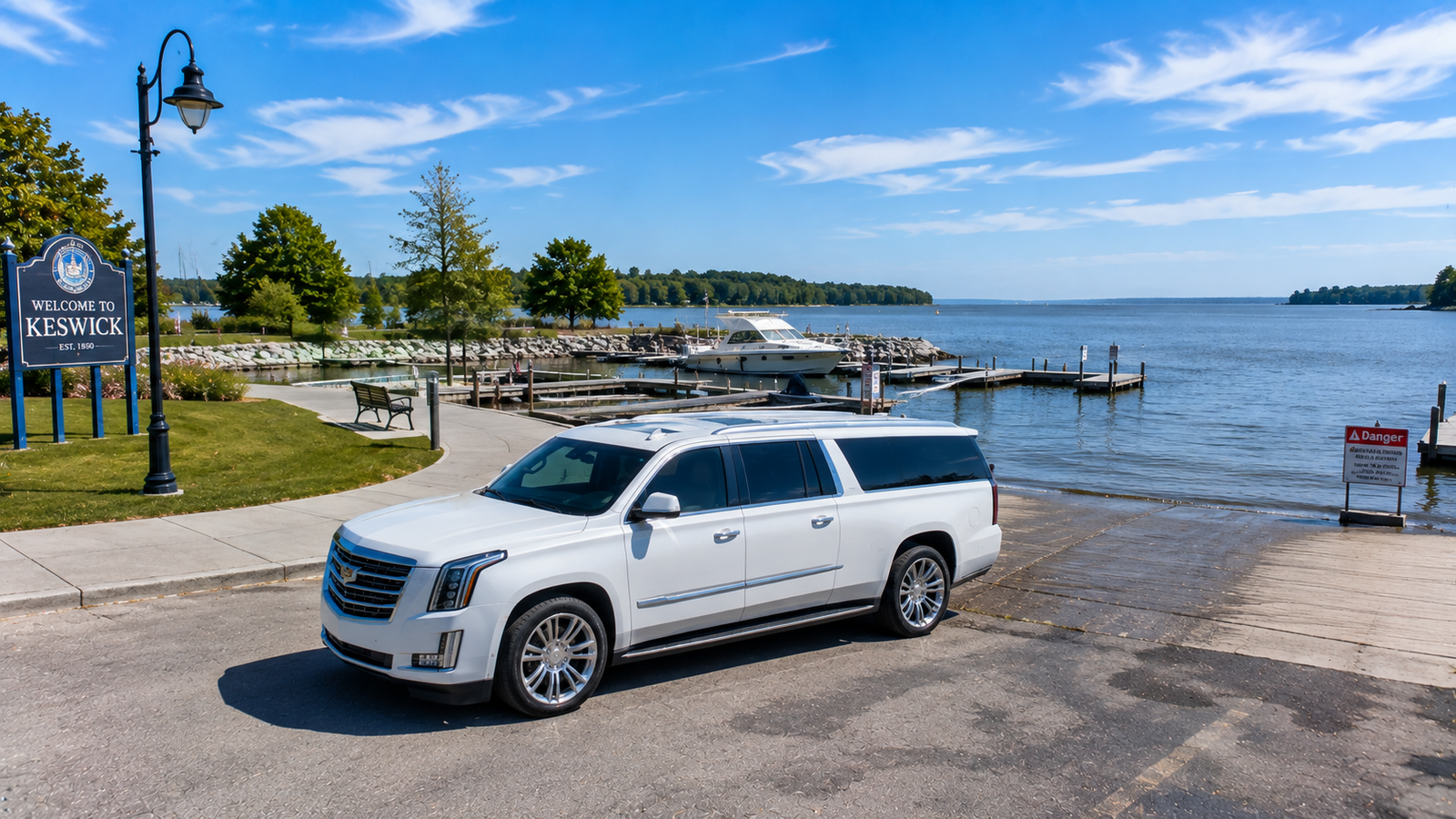 White executive SUV limo parked near a boat launch marina in Keswick.