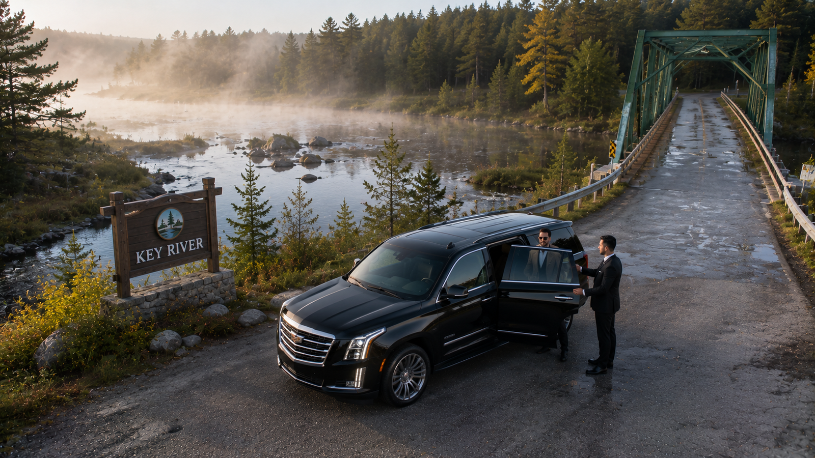 Black luxury SUV limo parked near a wilderness river bridge along Key River.