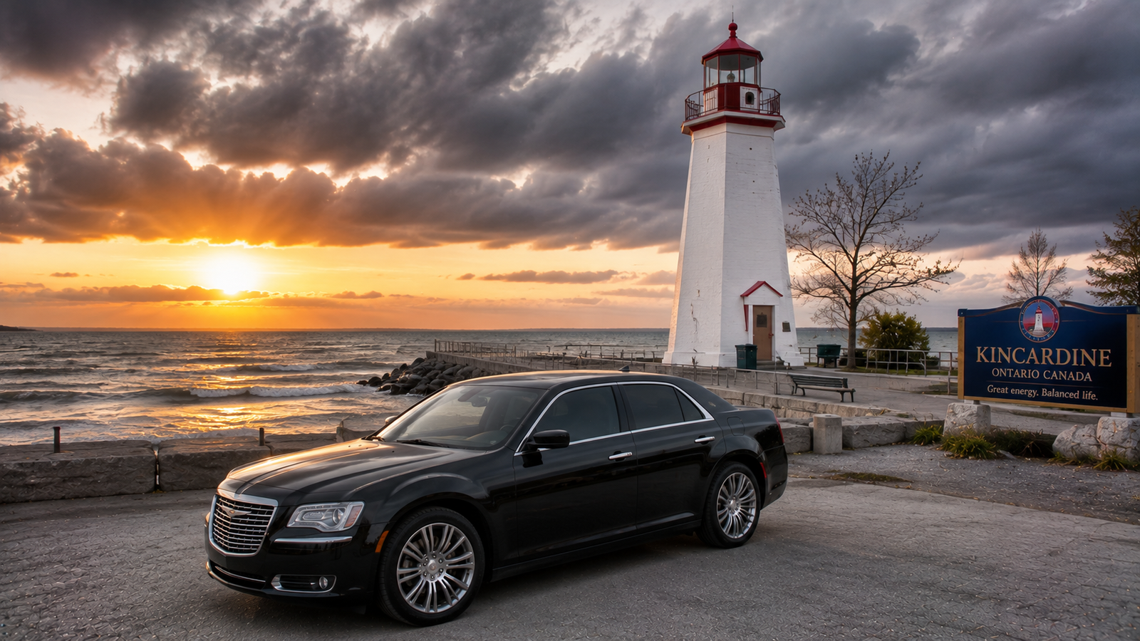 Black luxury sedan limo parked with the historic Kincardine lighthouse in the background.
