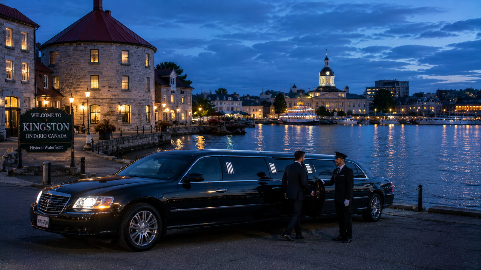 Black luxury stretch limousine parked near historic limestone waterfront buildings in Kingston.