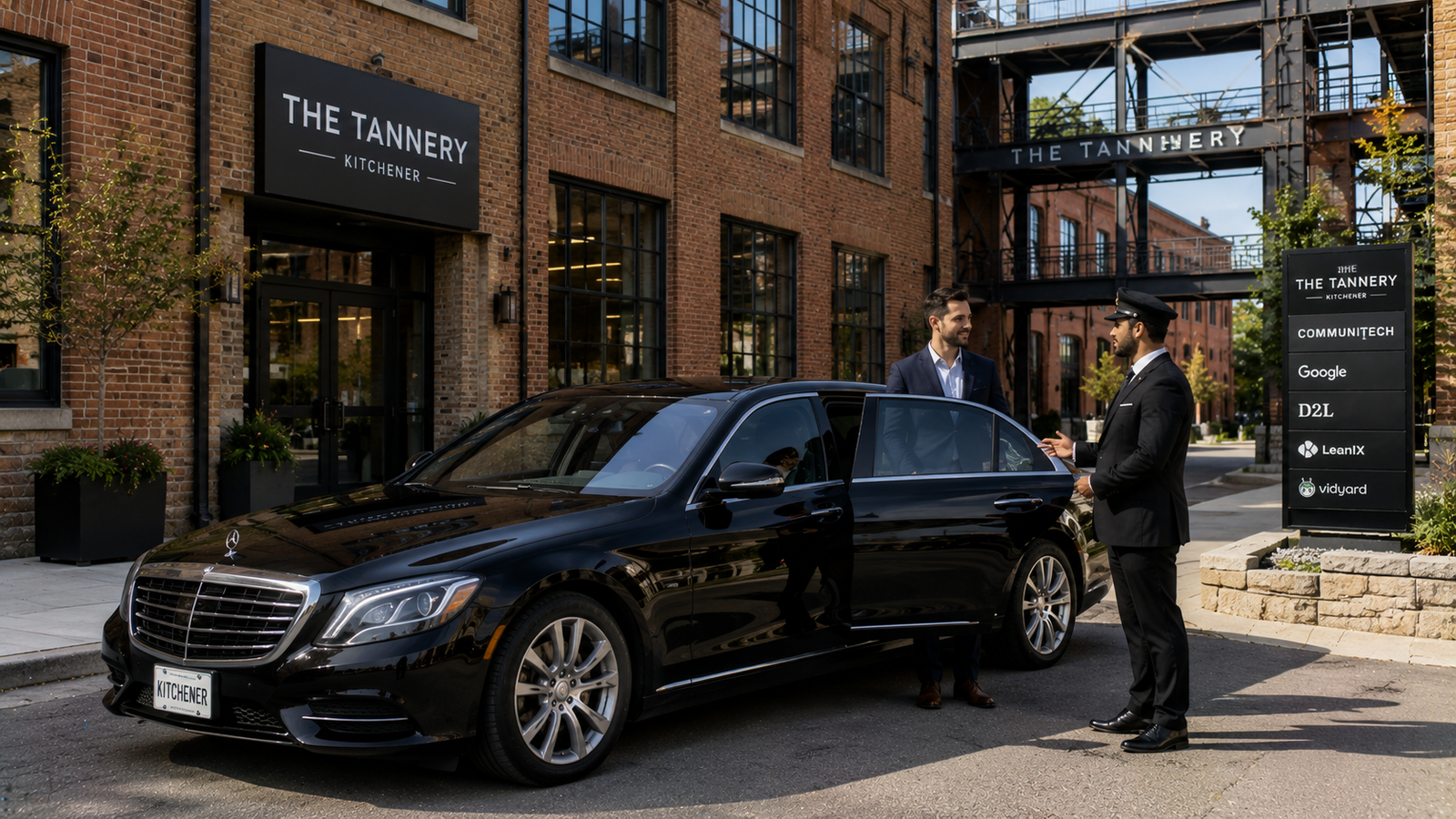 Glossy black executive sedan limo parked in front of a renovated brick tech office in Kitchener.