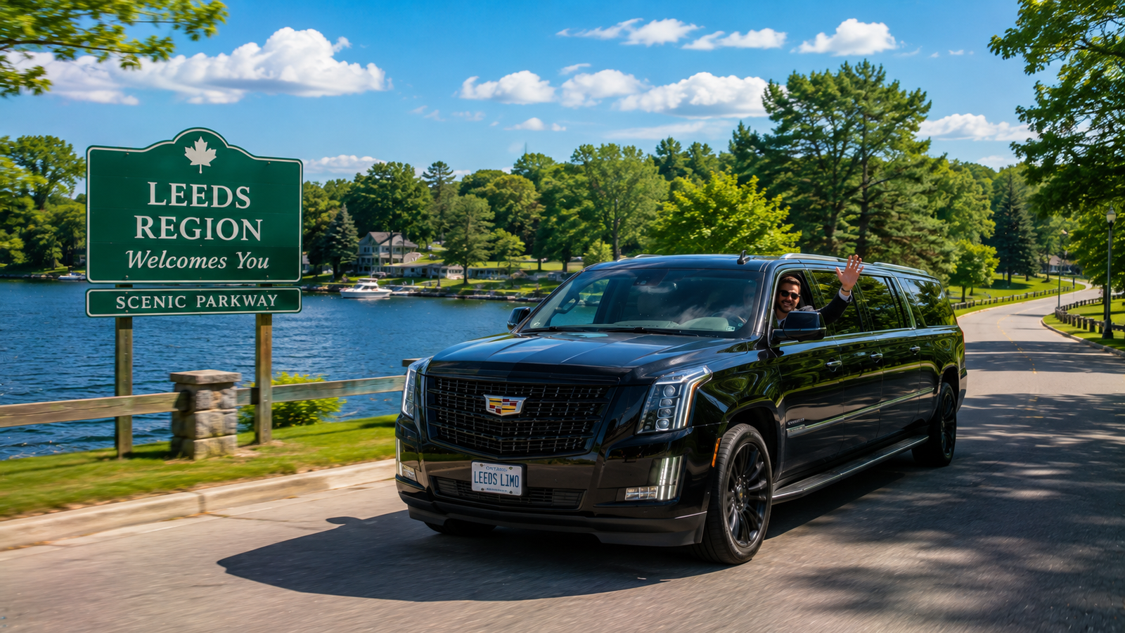White luxury SUV limo cruising through scenic parkway roads in Leeds region.