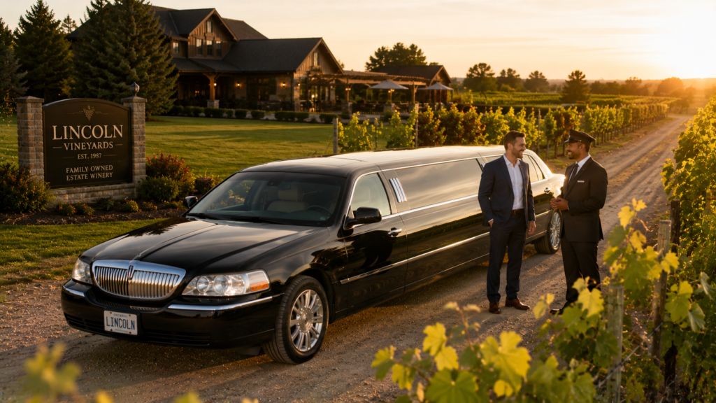 Black luxury sedan limo parked inside a picturesque vineyard driveway in Lincoln.