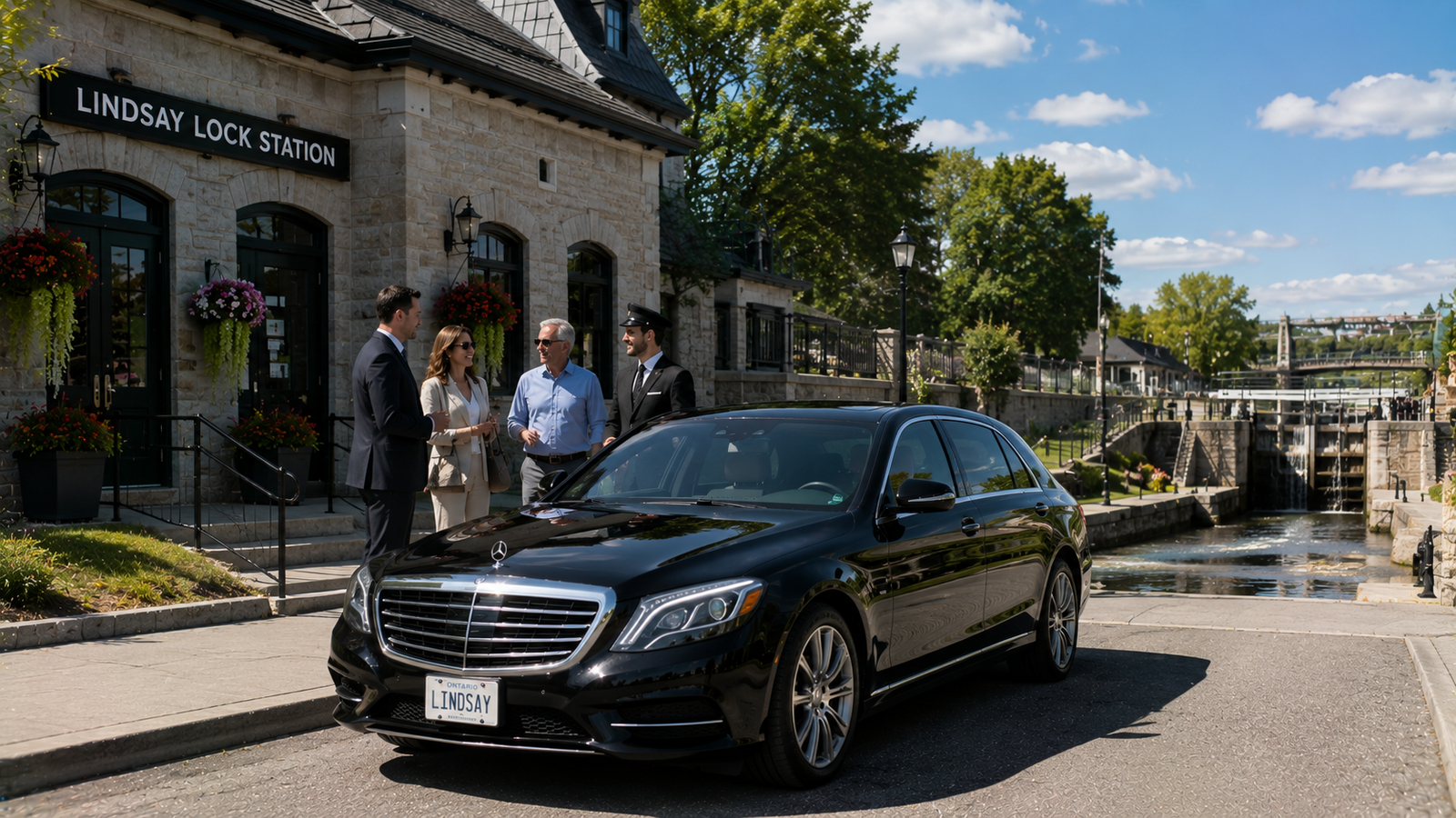 Silver executive sedan limo parked beside a canal lock station in Lindsay.