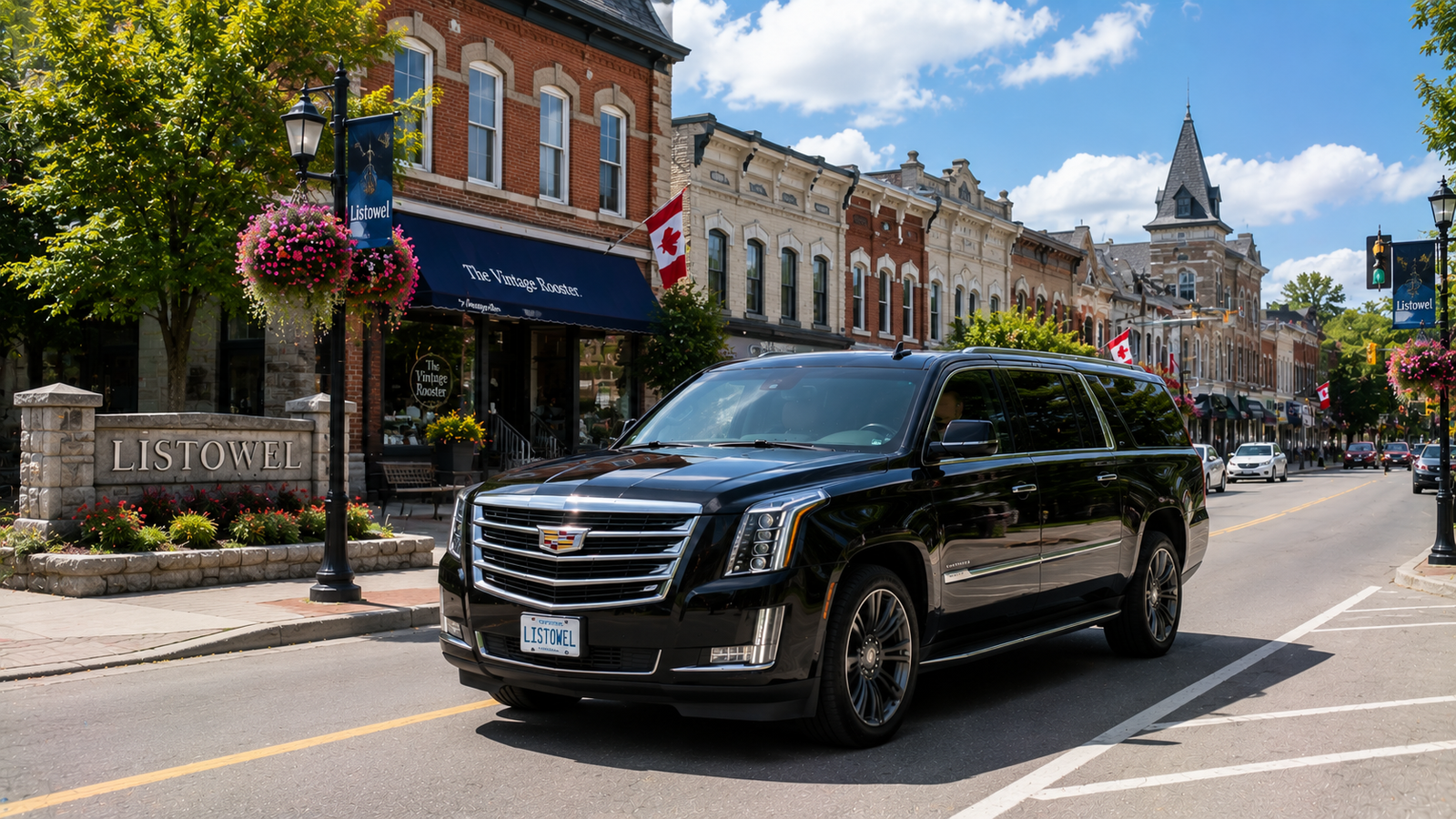 Navy blue luxury SUV limo driving down a peaceful main street in Listowel.