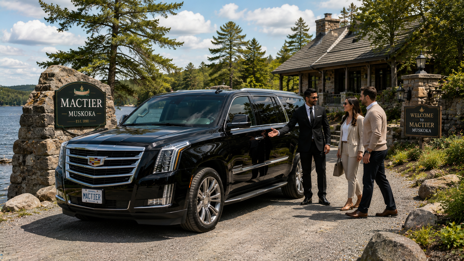 Black luxury SUV limo parked on a cottage country road near Mactier.