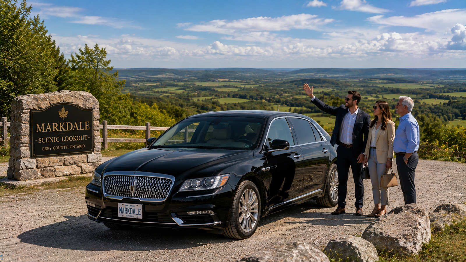 White executive sedan limo parked on a hilltop scenic outlook in Markdale.