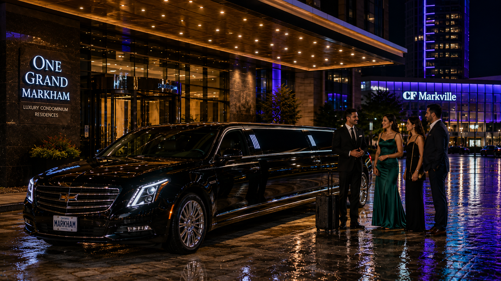 Black stretch limousine parked outside an illuminated hotel lobby in Markham at night.