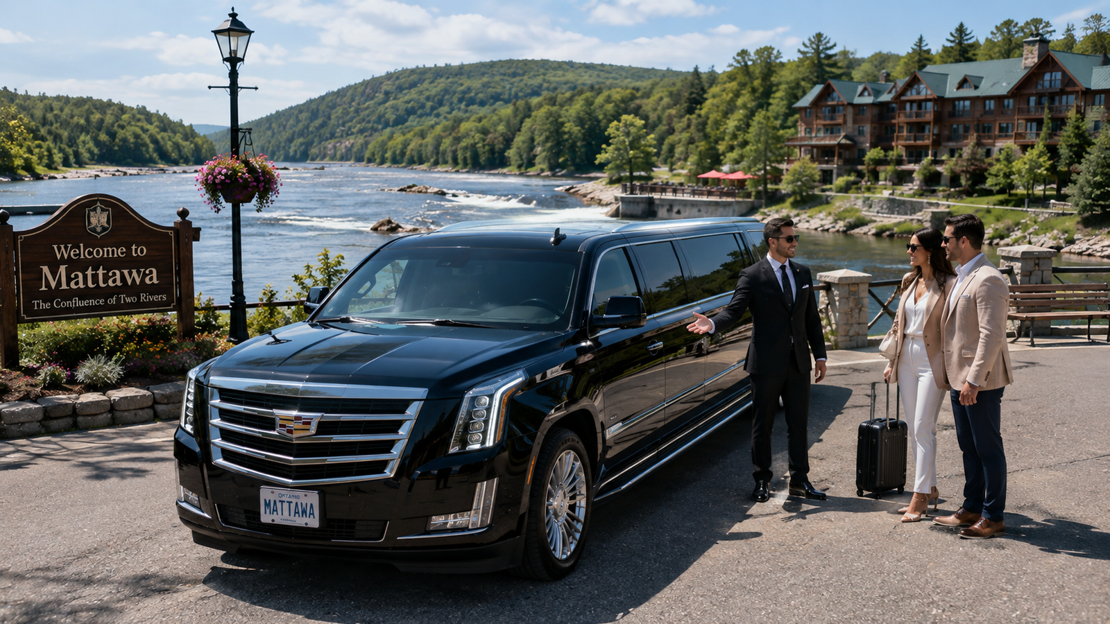 Silver luxury SUV limo parked near the confluence of two rivers in Mattawa.