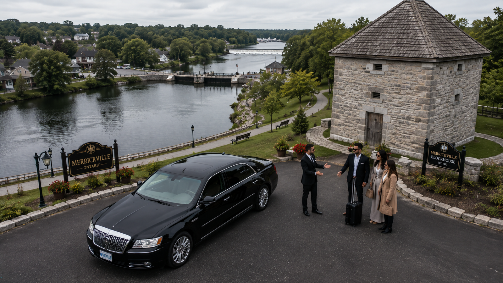 Black executive sedan limo parked near a stone heritage blockhouse in Merrickville.