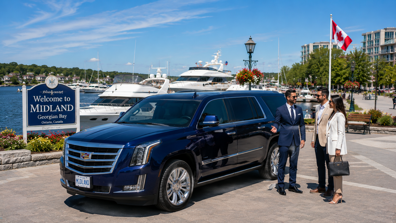 Dark navy luxury SUV limo parked near the Georgian Bay marina in Midland.