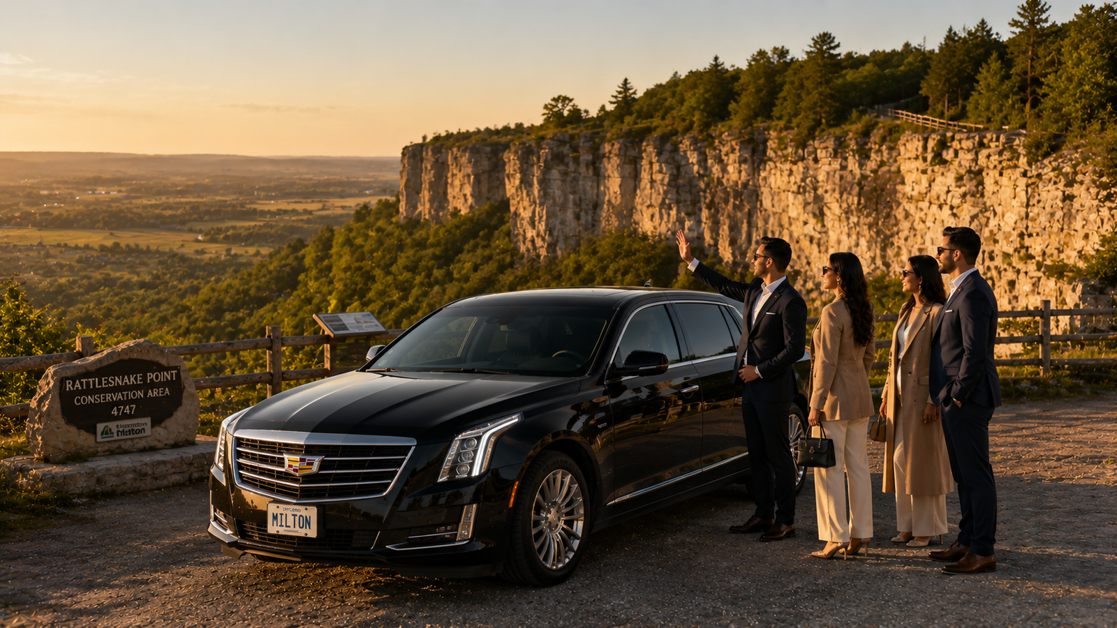 Black luxury sedan limo parked against the cliff backdrop of Rattlesnake Point in Milton.