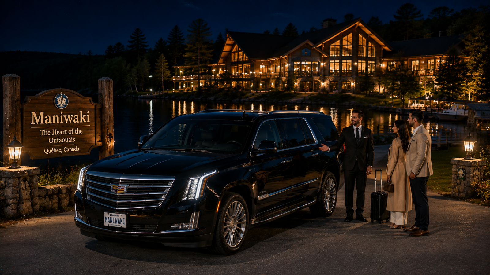 White luxury SUV limo driving through a boreal forest road near Maniwaki.