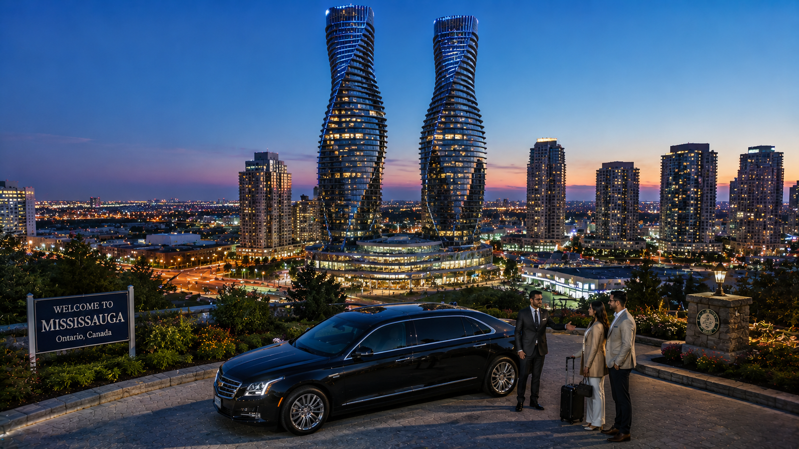 Glossy black executive sedan limo parked near Absolute World towers in Mississauga.