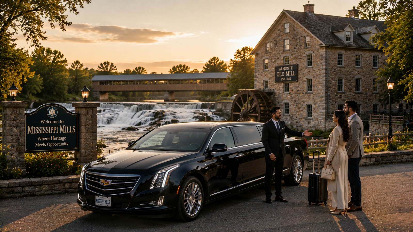 Silver luxury sedan limo parked near a rushing waterfall and stone mill in Mississippi Mills.