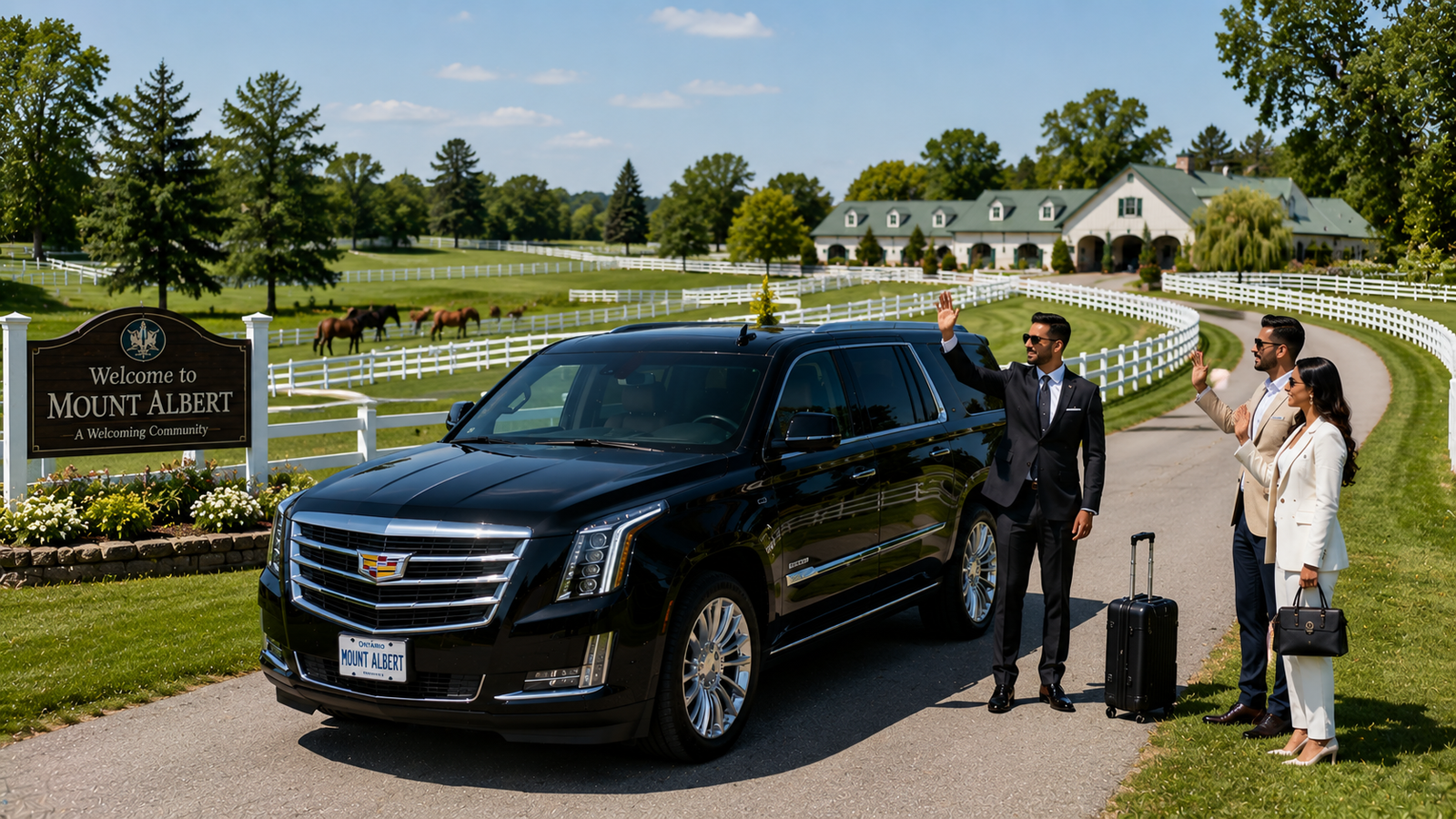 Navy blue executive SUV limo parked along a country horse farm lane in Mount Albert.