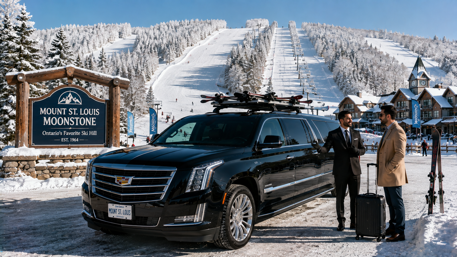 Black luxury SUV limo equipped with ski racks parked near Mount St. Louis ski hill.