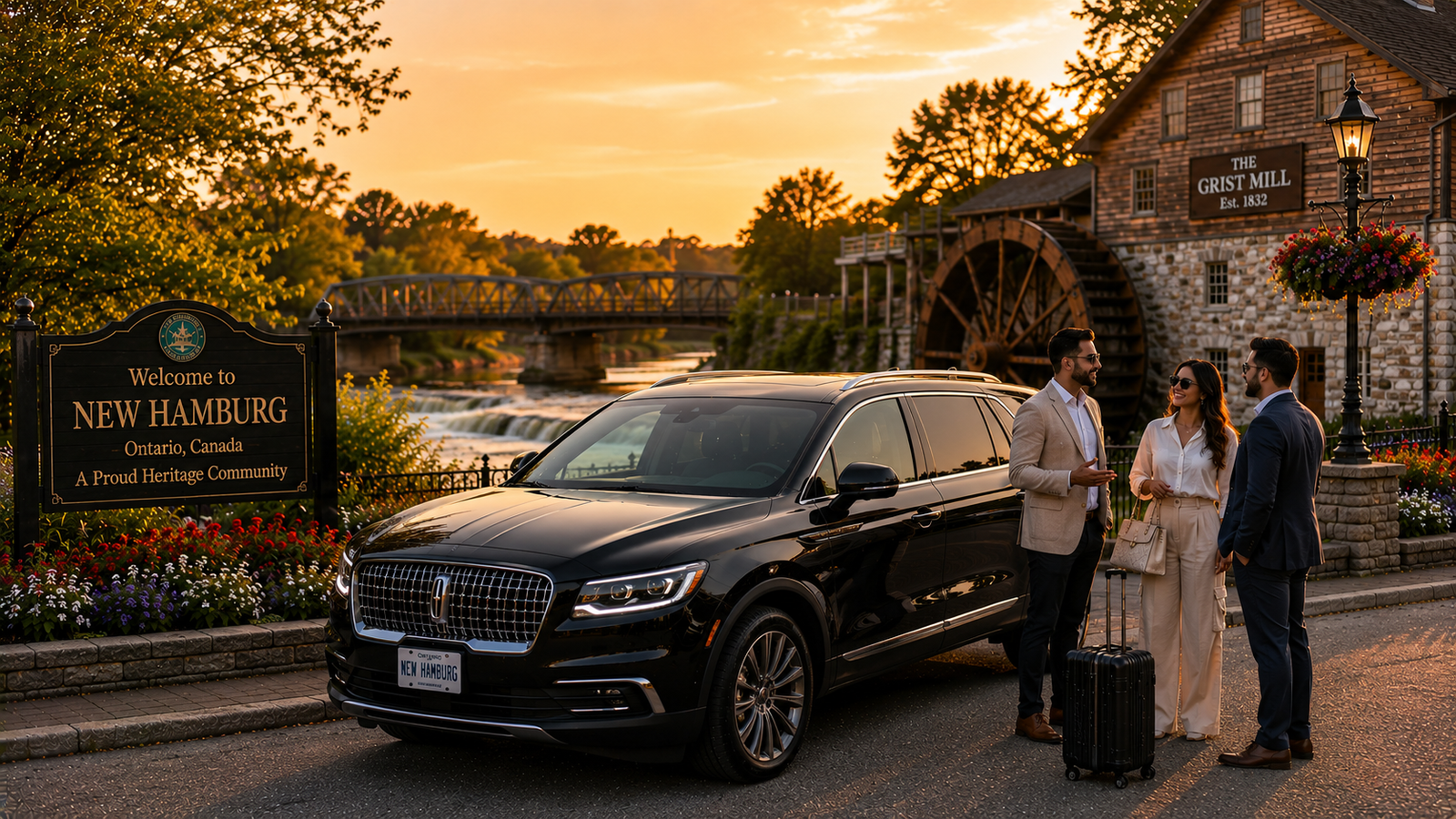Dark gray luxury SUV limo parked near a wooden waterwheel park in New Hamburg.