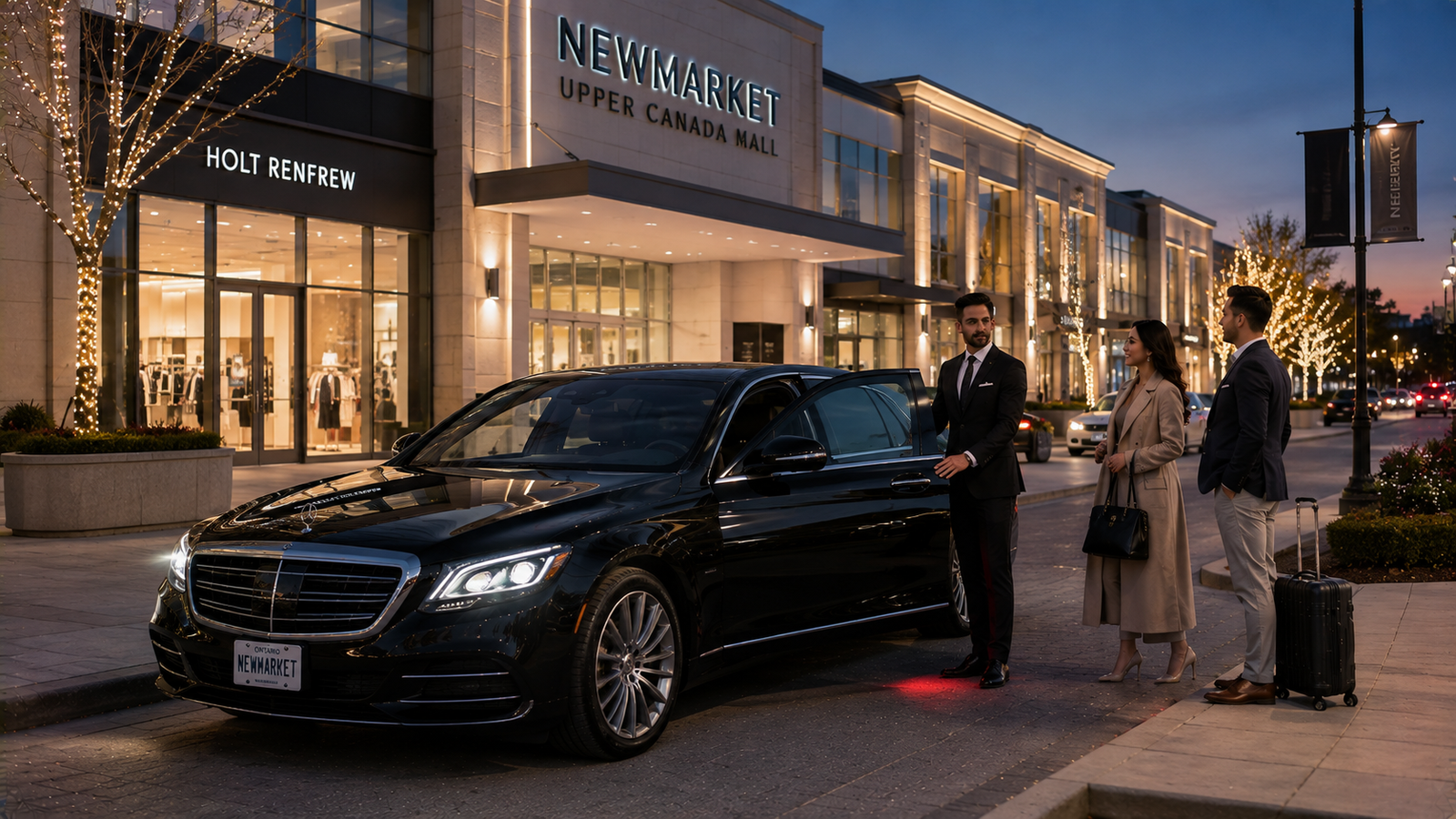 Sleek black sedan limo parked outside an upscale shopping center in Newmarket.