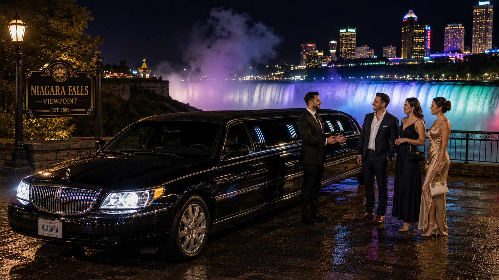 Black stretch limousine parked on a viewpoint road overlooking illuminated Niagara Falls at night.