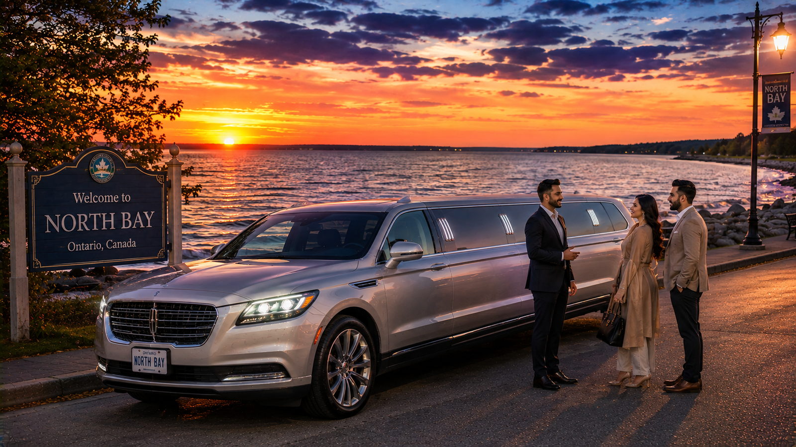 Silver luxury SUV limo parked along the shore of Lake Nipissing in North Bay at sunset.