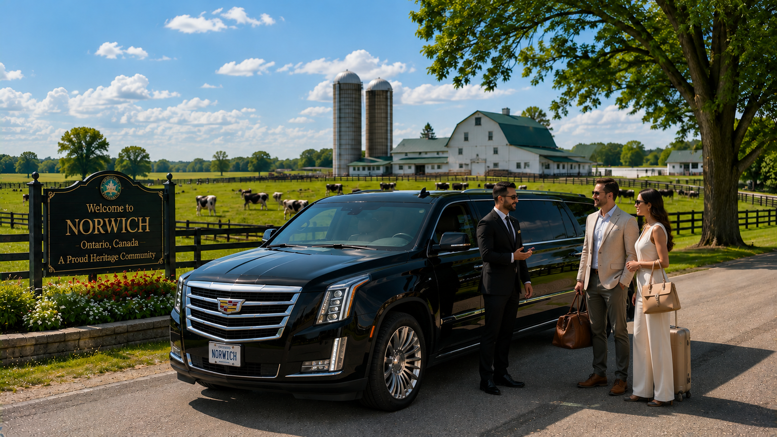 Navy blue luxury SUV limo driving past dairy farmlands in Norwich.