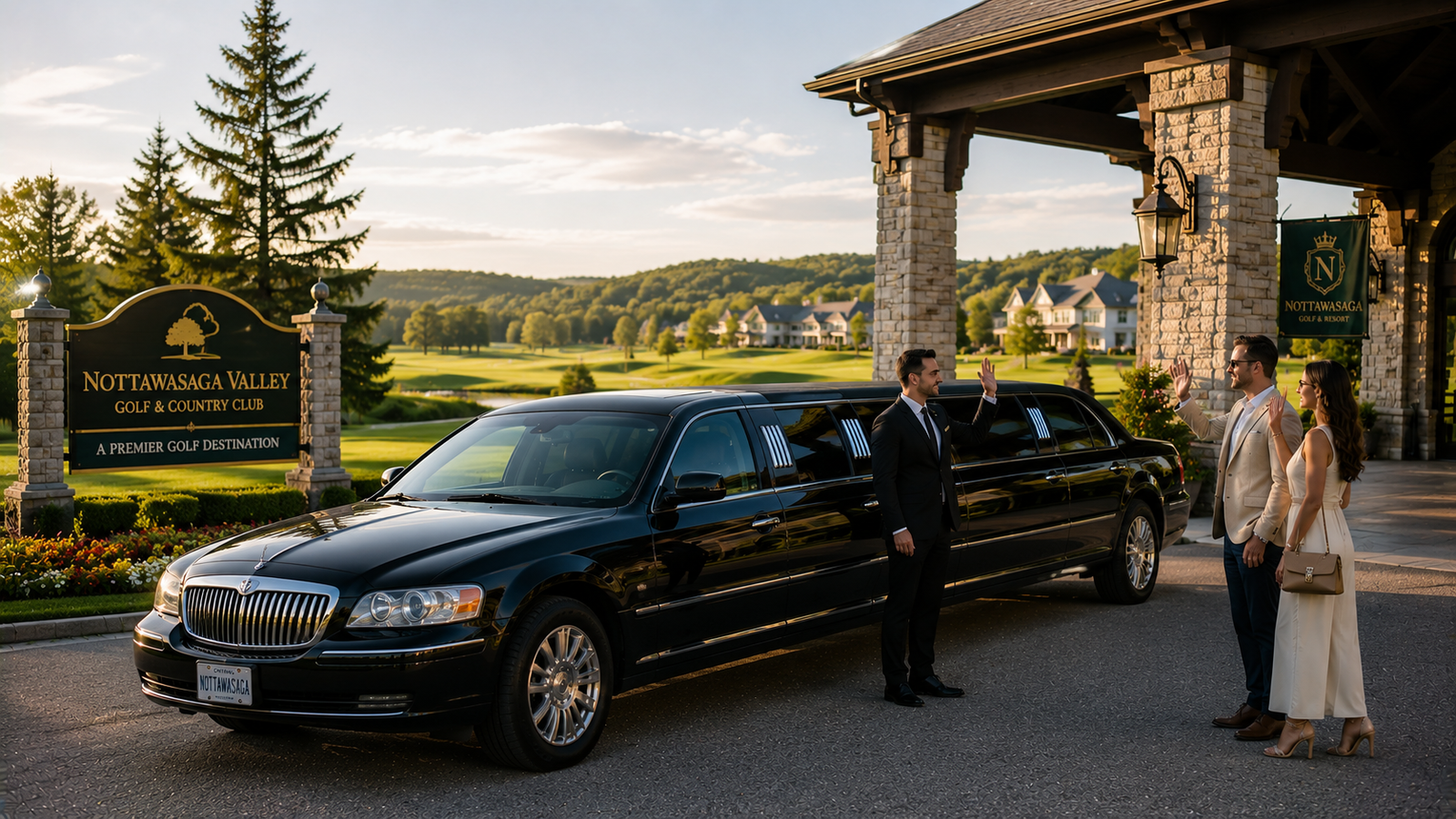 Black executive SUV limo parked outside a golf resort clubhouse in Nottawasaga Valley.