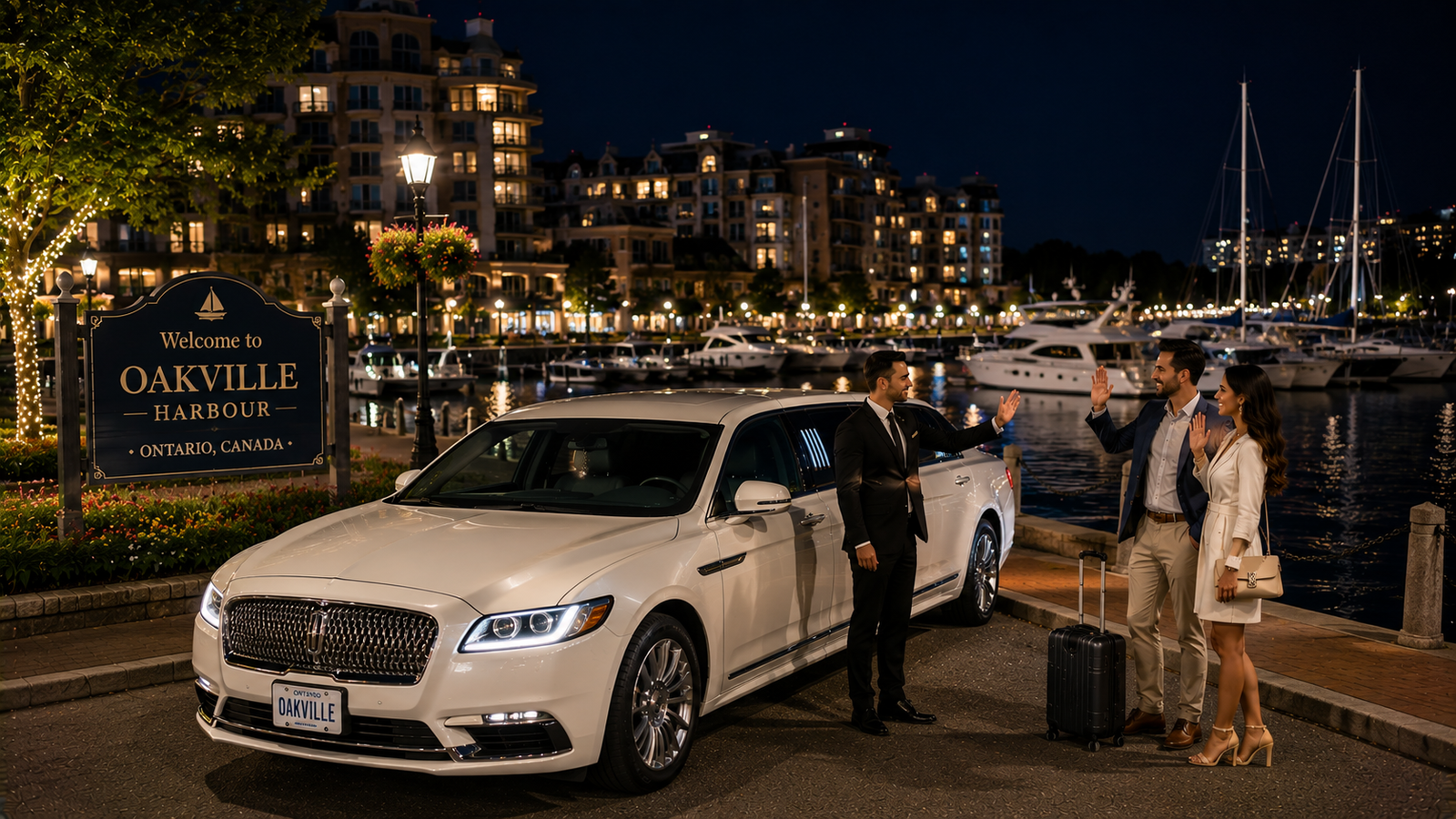 Luxury white sedan limo parked at Oakville Harbour waterfront with docked yachts.