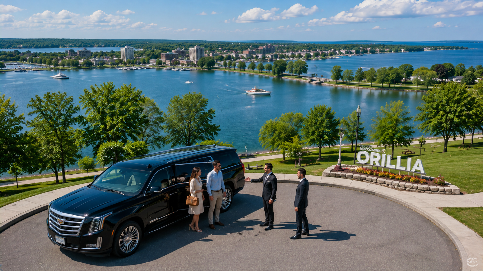 Silver luxury SUV limo parked between Lake Couchiching and Lake Simcoe in Orillia.