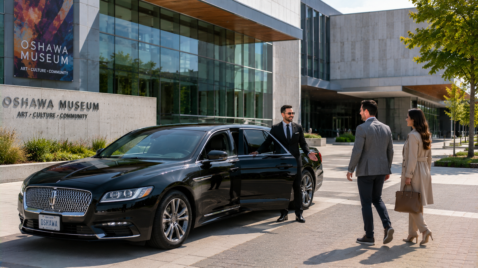 Black luxury sedan limo parked outside a contemporary cultural museum building in Oshawa.