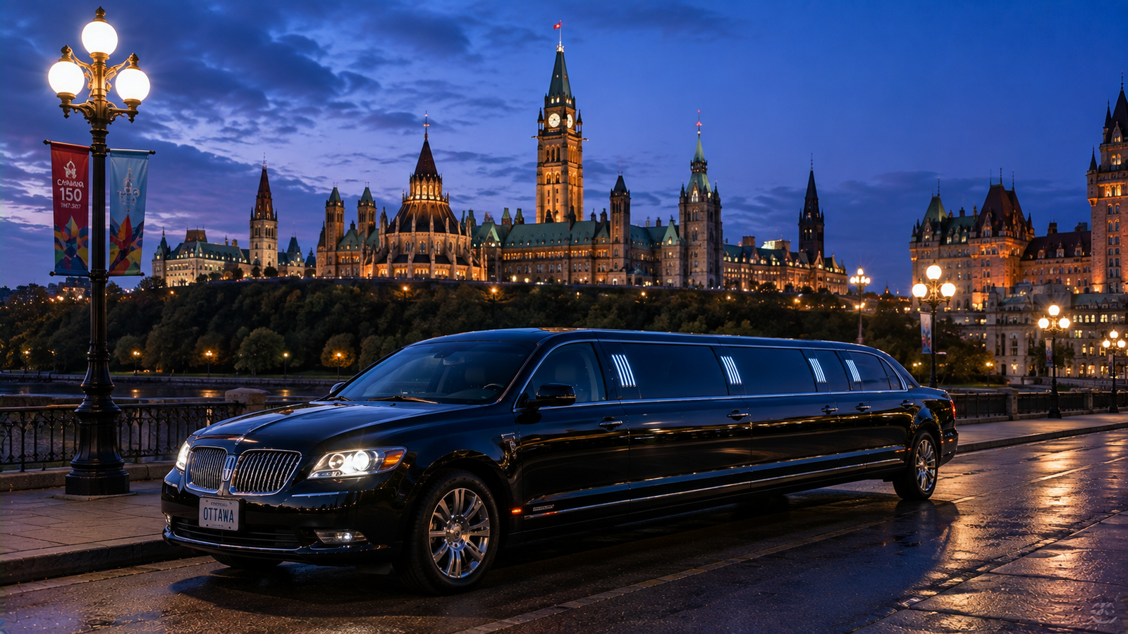 Black executive sedan limo parked near Parliament Hill in Ottawa during twilight.