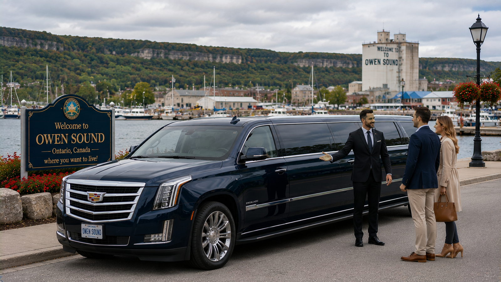 Dark navy SUV limo parked near the harbour bay in Owen Sound.