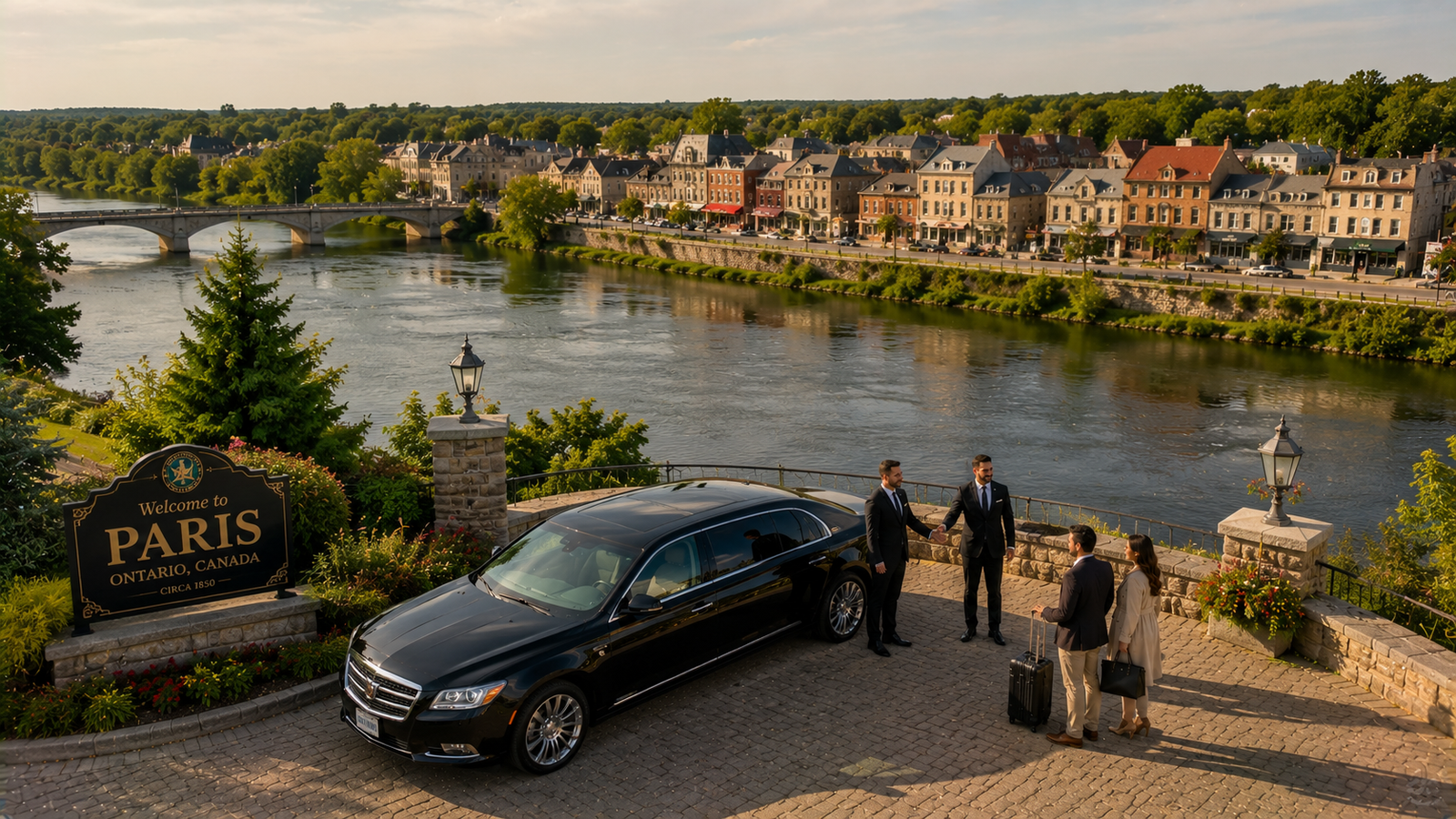White executive sedan limo parked overlooking the Grand River in historic Paris town.
