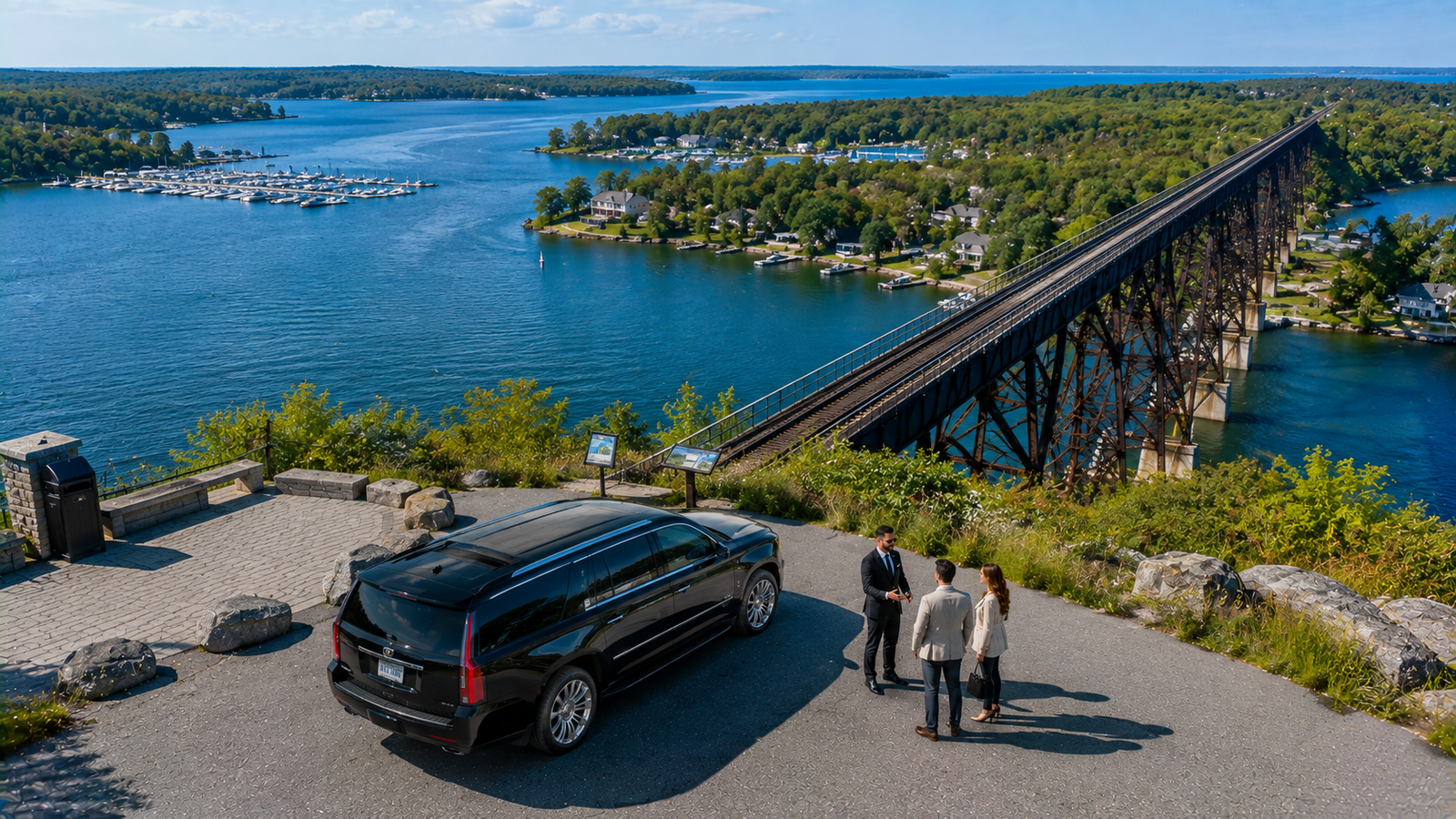 Black luxury SUV limo parked near the railway trestle bridge in Parry Sound.