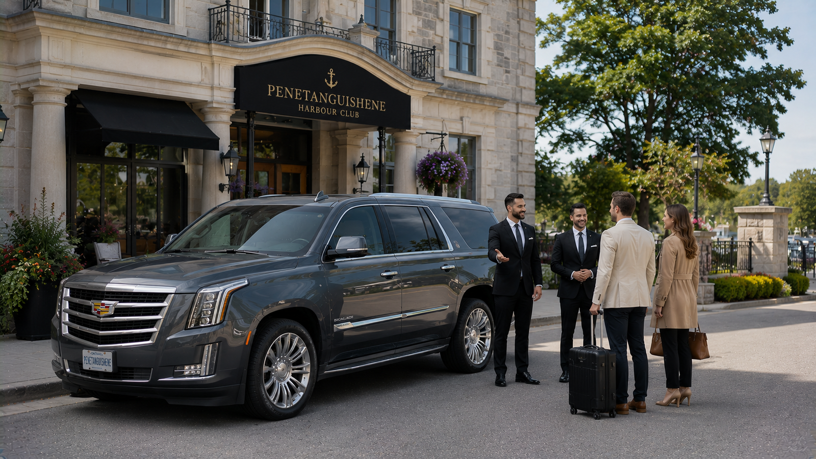 Dark gray luxury SUV limo parked at a historic naval dockyard in Penetanguishene.