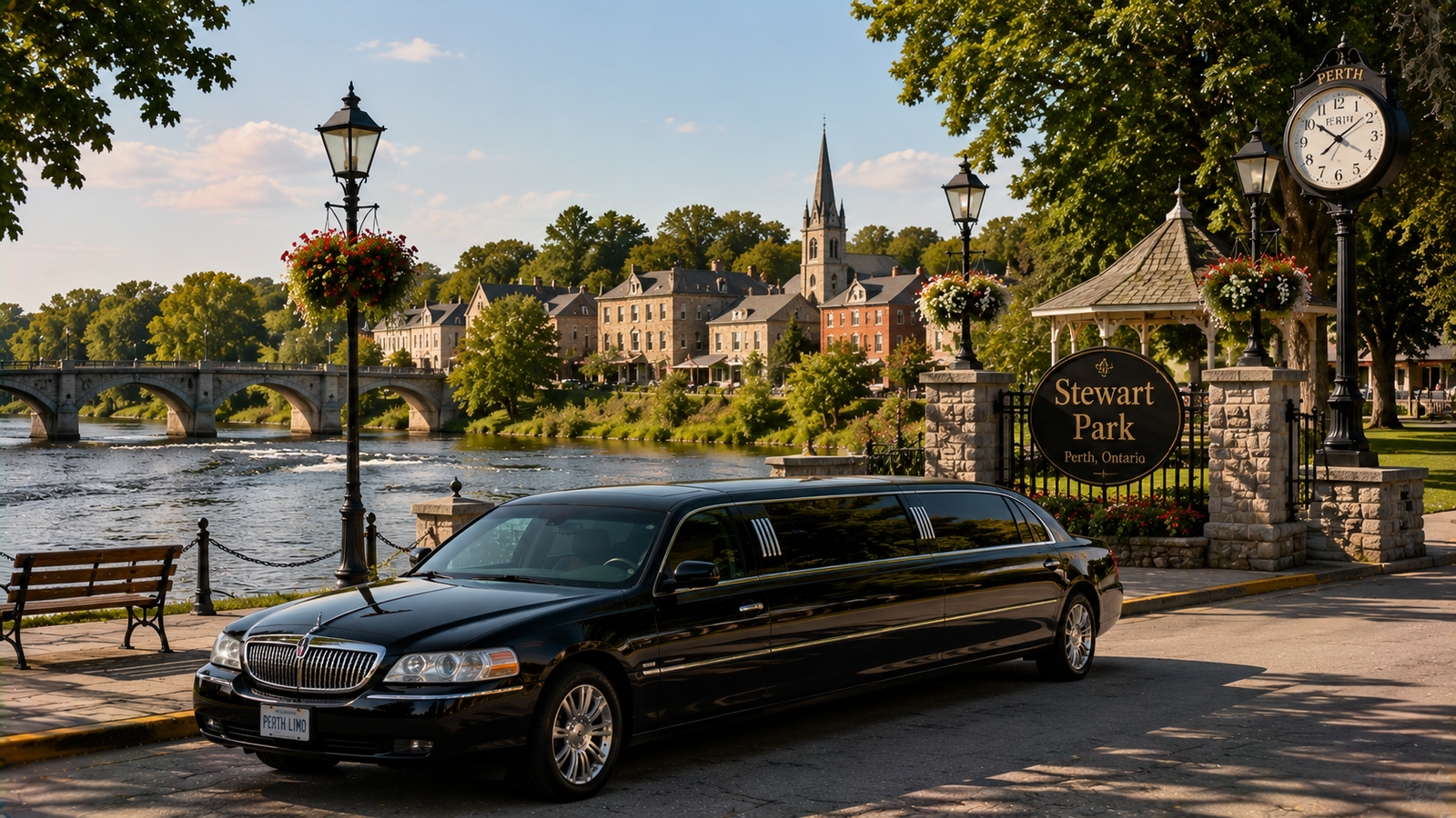 Black luxury sedan limo parked near a stone heritage park along the Tay River in Perth.