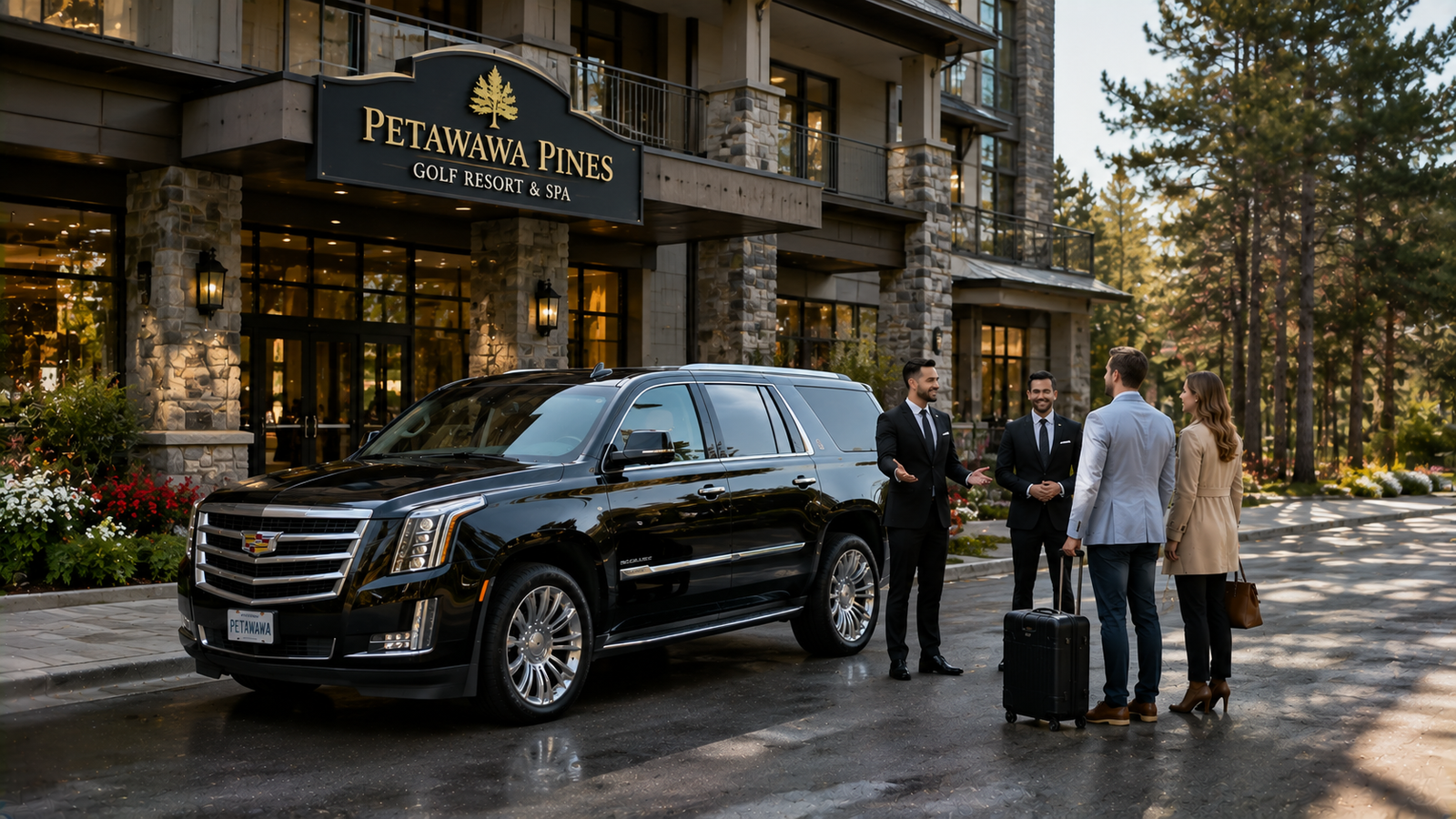 White luxury SUV limo driving on a pine forest road in Petawawa.