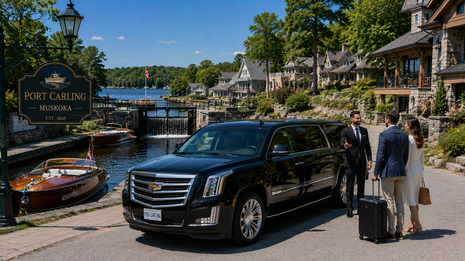 Black luxury SUV limo parked near the lock channel between lakes in Port Carling.