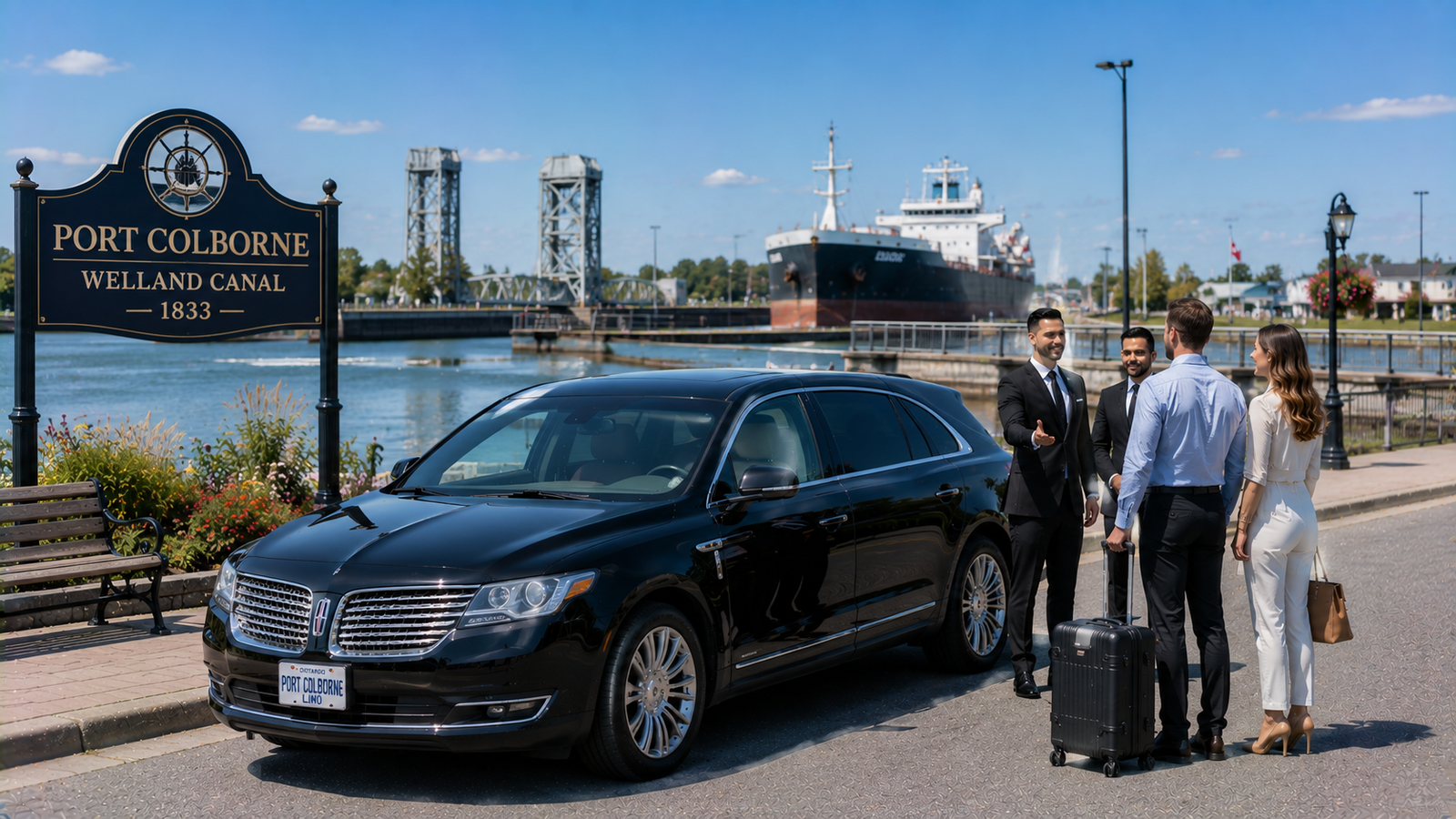 Dark navy SUV limo parked near the Welland Canal drop-off point in Port Colborne.