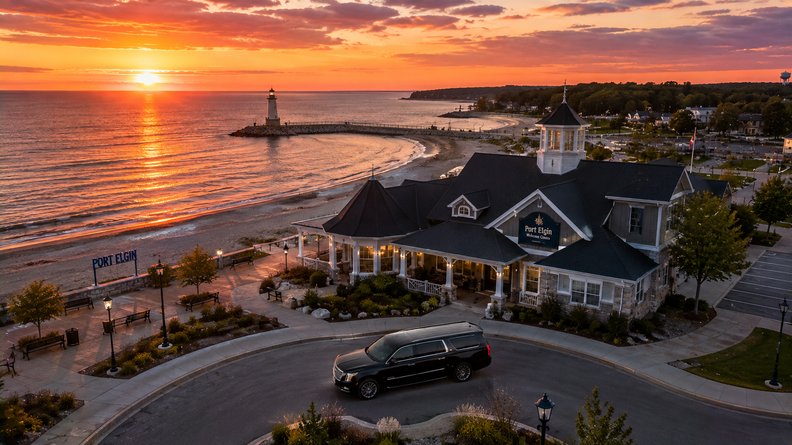 White luxury SUV limo parked near the beach boardwalk in Port Elgin at sunset.