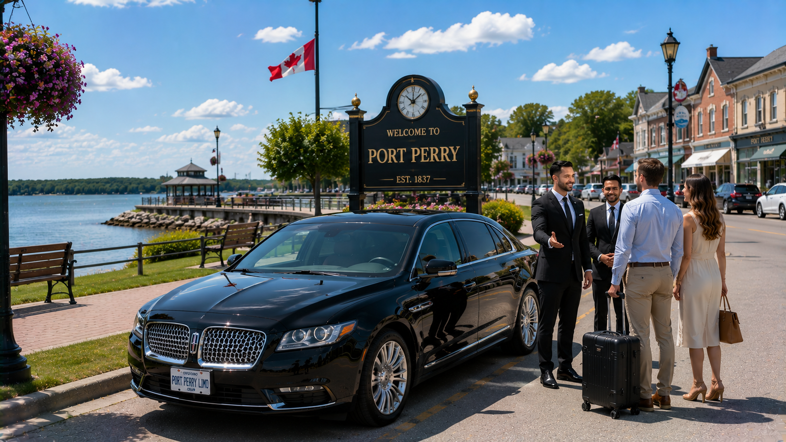 Silver luxury sedan limo parked along the Lake Scugog waterfront park in Port Perry.