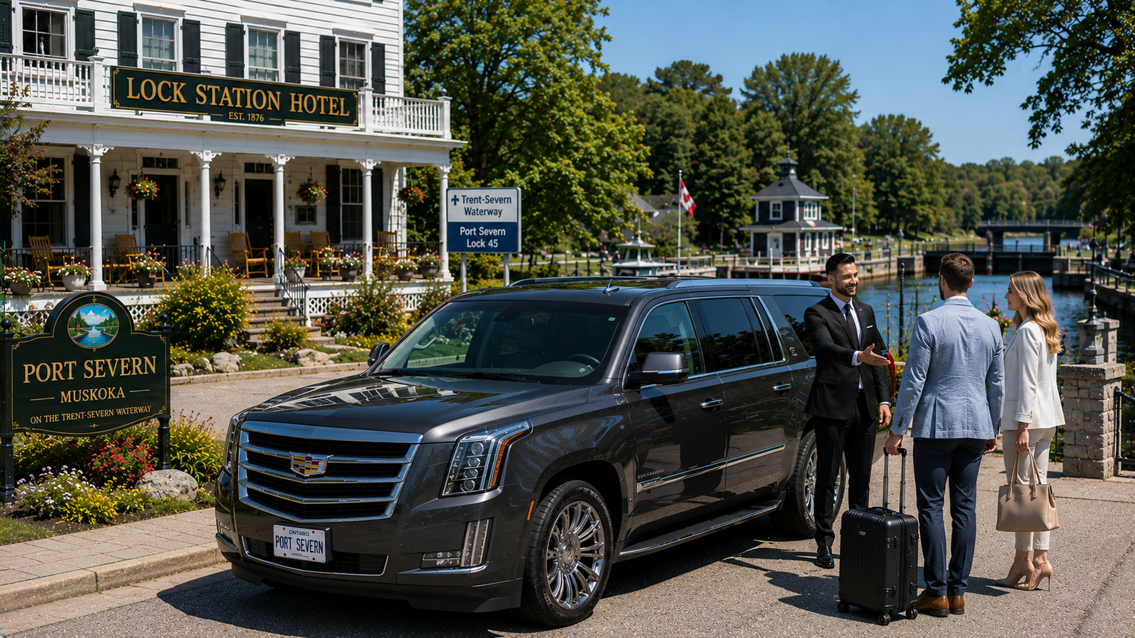 Dark gray luxury SUV limo parked near a lock station hotel in Port Severn.