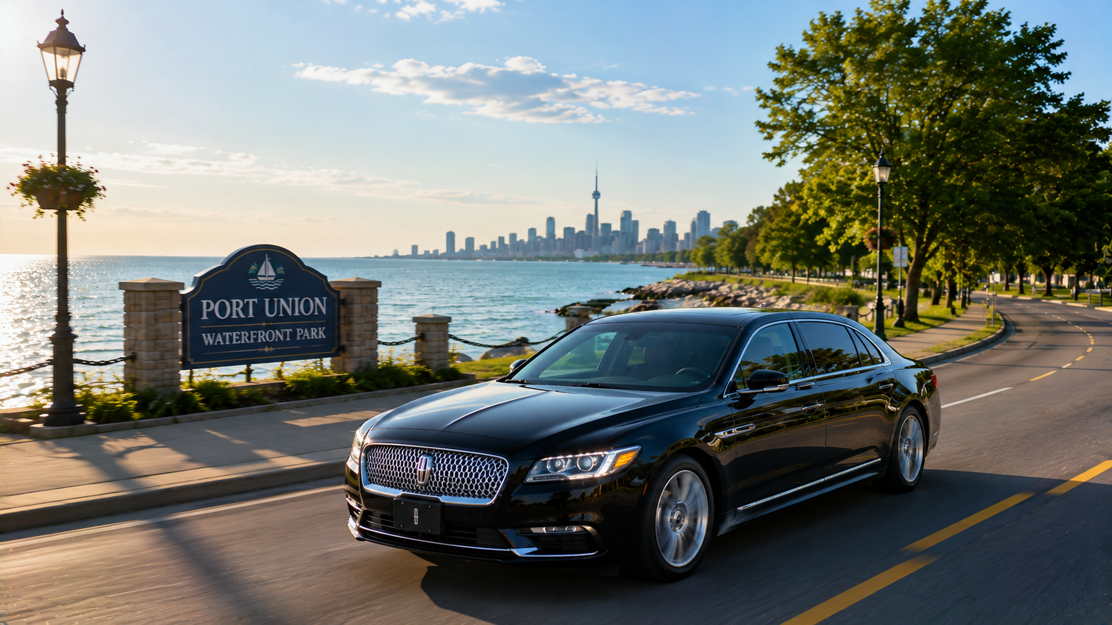 Glossy black sedan limo driving along a waterfront parkway in Port Union.