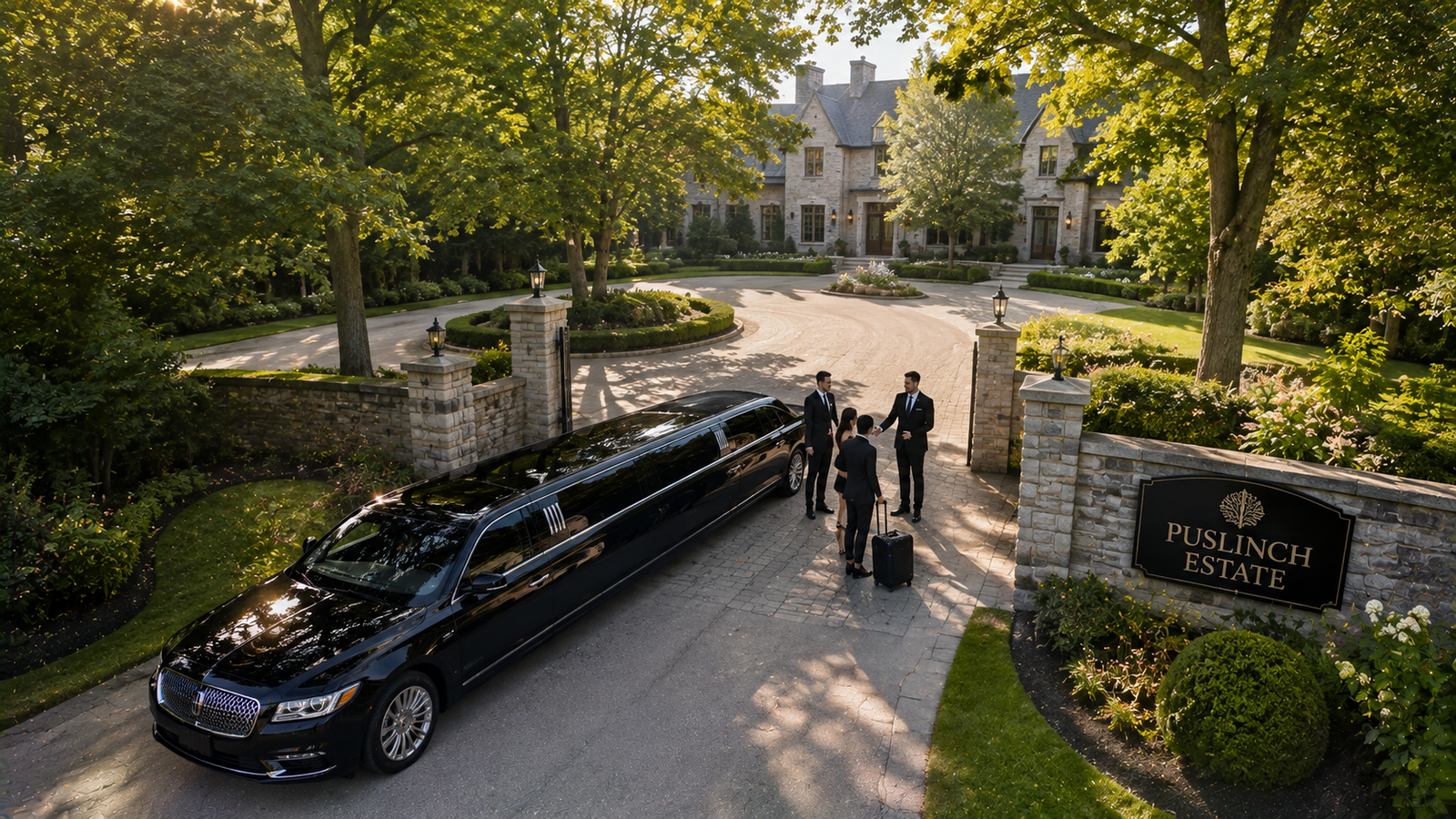 Black luxury sedan limo parked along a tree-lined private driveway in Puslinch.